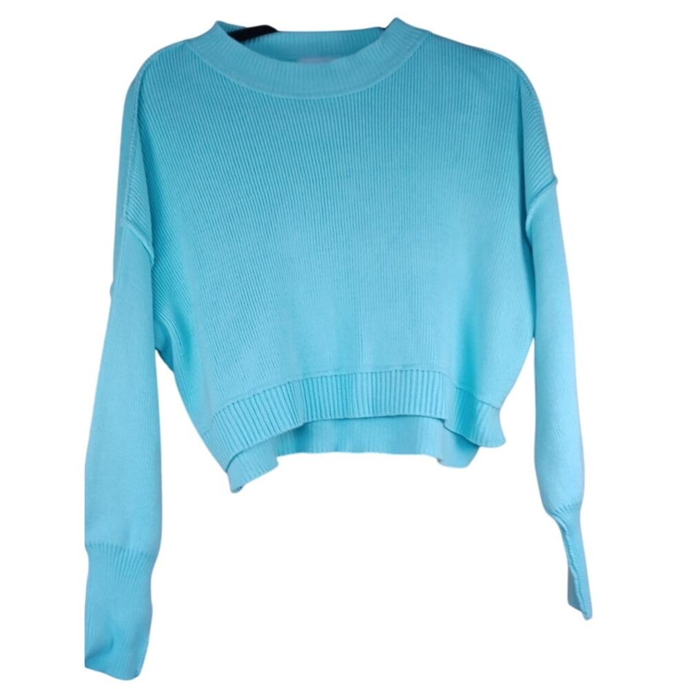 Pink Rose Turquoise Cropped Sweater Y2K Ribbed Knit Long Sleeve Soft Girl Small